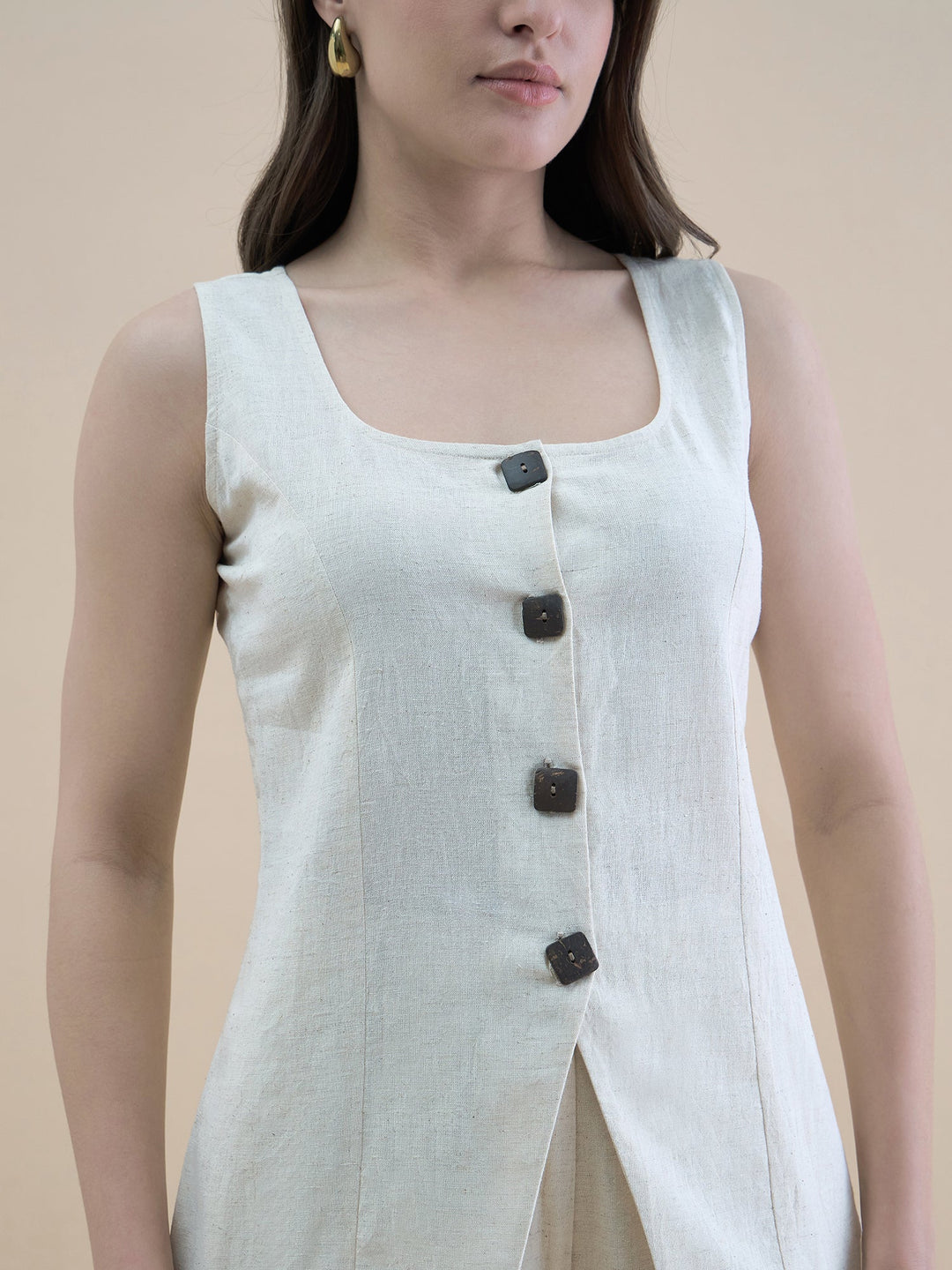 Light-Beige-Polyester-U-Neck-Waistcoat-&-Straight-Fit-Co-Ord