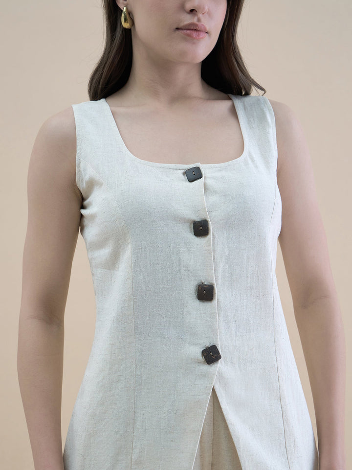 Light-Beige-Polyester-U-Neck-Waistcoat-&-Straight-Fit-Co-Ord
