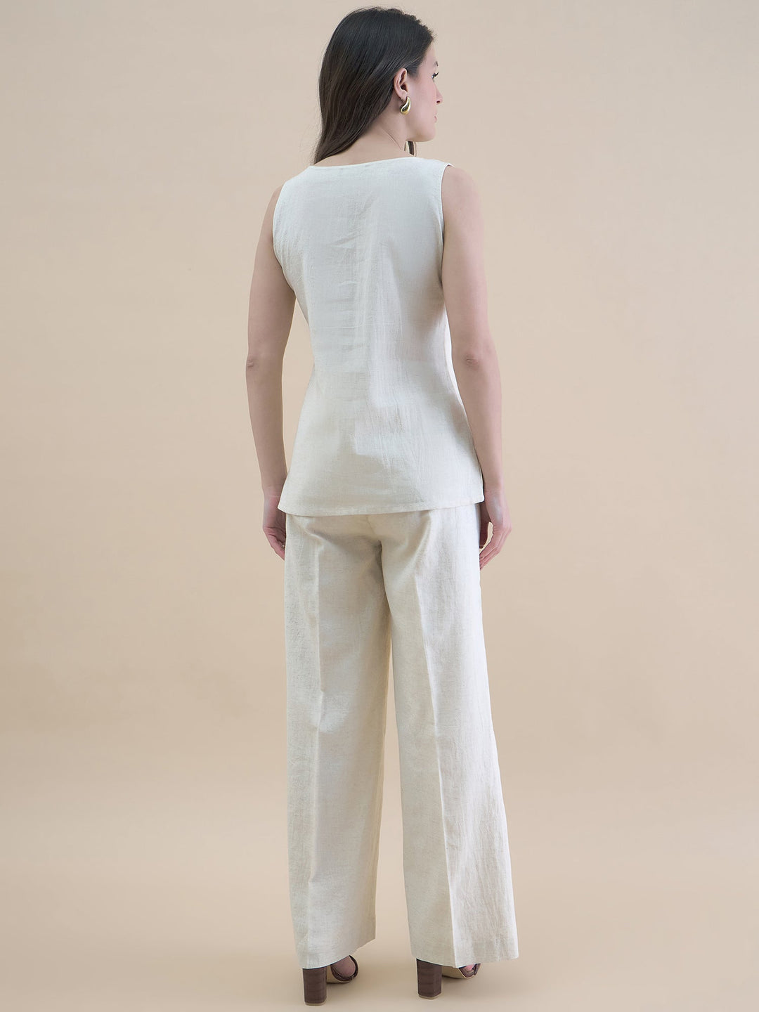 Light-Beige-Polyester-U-Neck-Waistcoat-&-Straight-Fit-Co-Ord