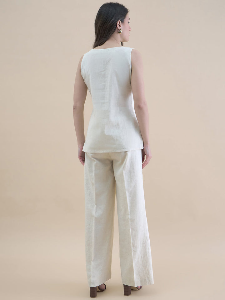 Light-Beige-Polyester-U-Neck-Waistcoat-&-Straight-Fit-Co-Ord