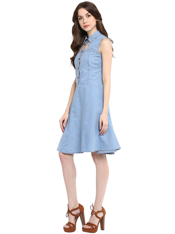 Light-Blue-Denim-Neck-Cutout-Mini-Dress