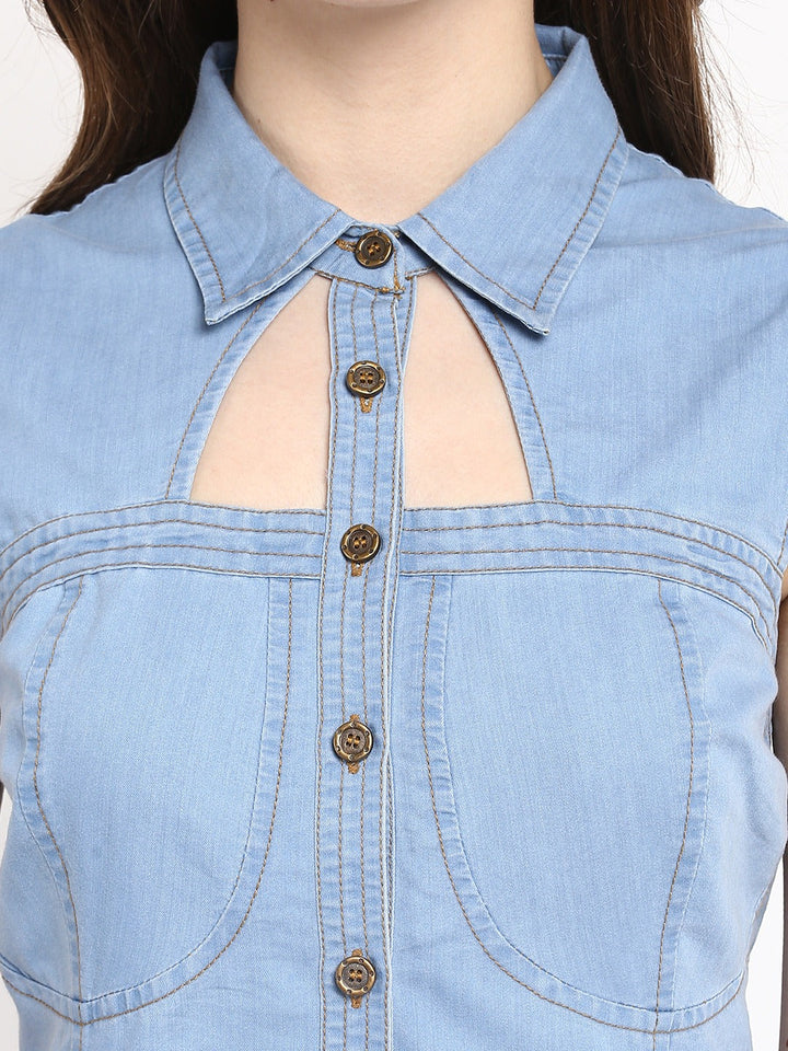 Light-Blue-Denim-Neck-Cutout-Mini-Dress