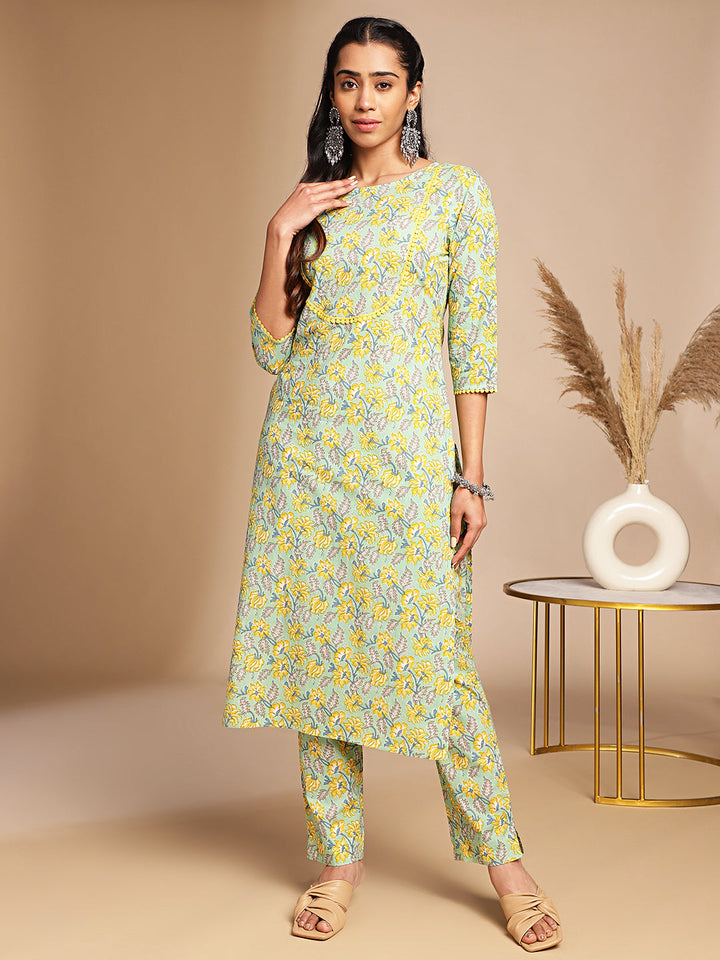 Light Green Cotton Floral Print Kurta & Pant Set