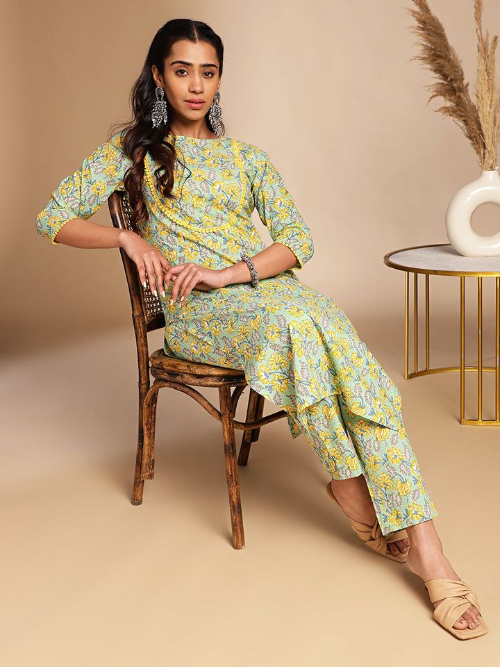 Light Green Cotton Floral Print Kurta & Pant Set
