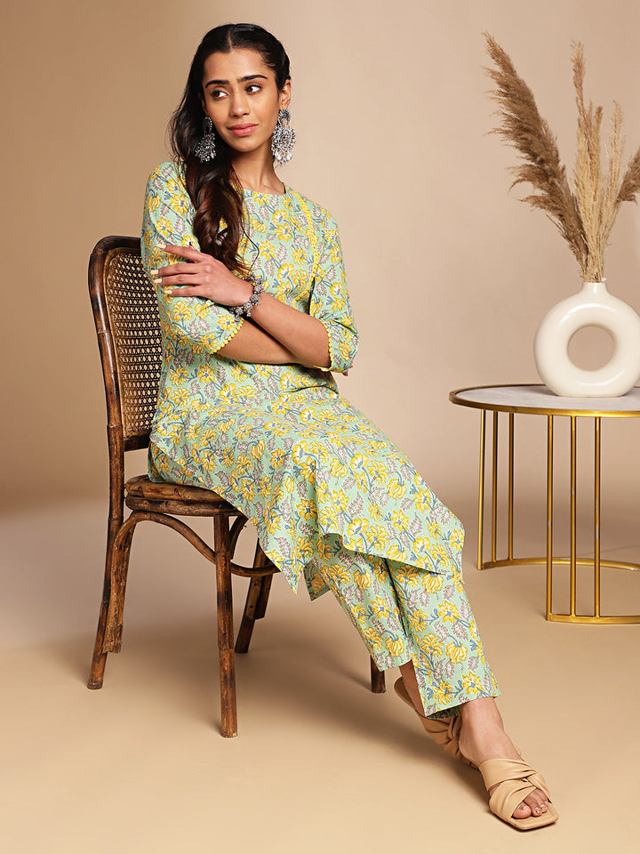 Light Green Cotton Floral Print Kurta & Pant Set