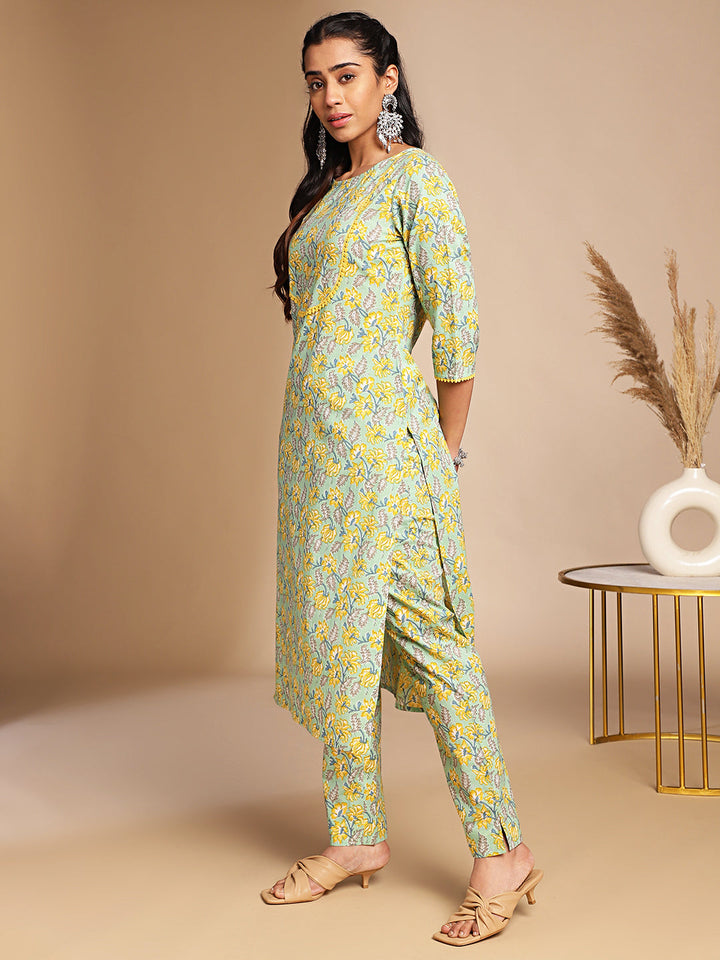 Light Green Cotton Floral Print Kurta & Pant Set