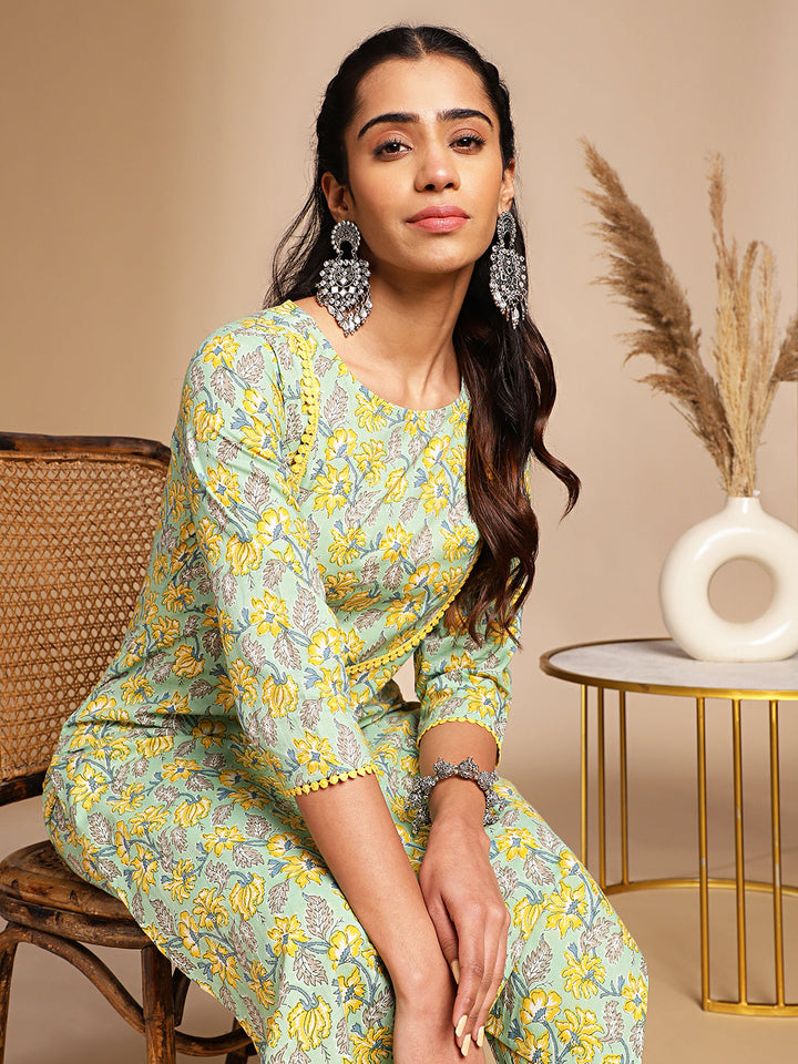 Light Green Cotton Floral Print Kurta & Pant Set