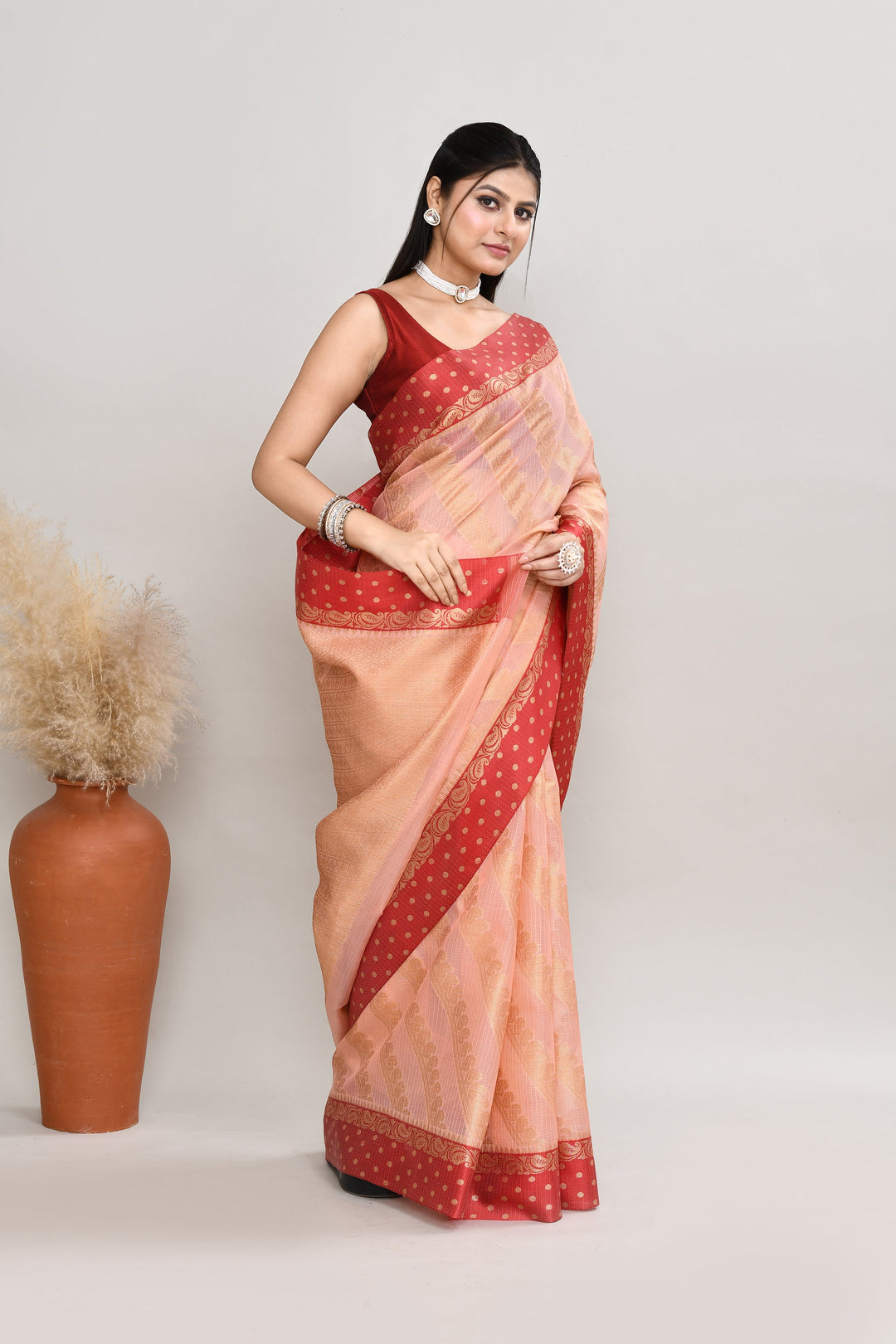 Light-Peach-Kota-Silk-Banarasi-Zari-Work-Saree