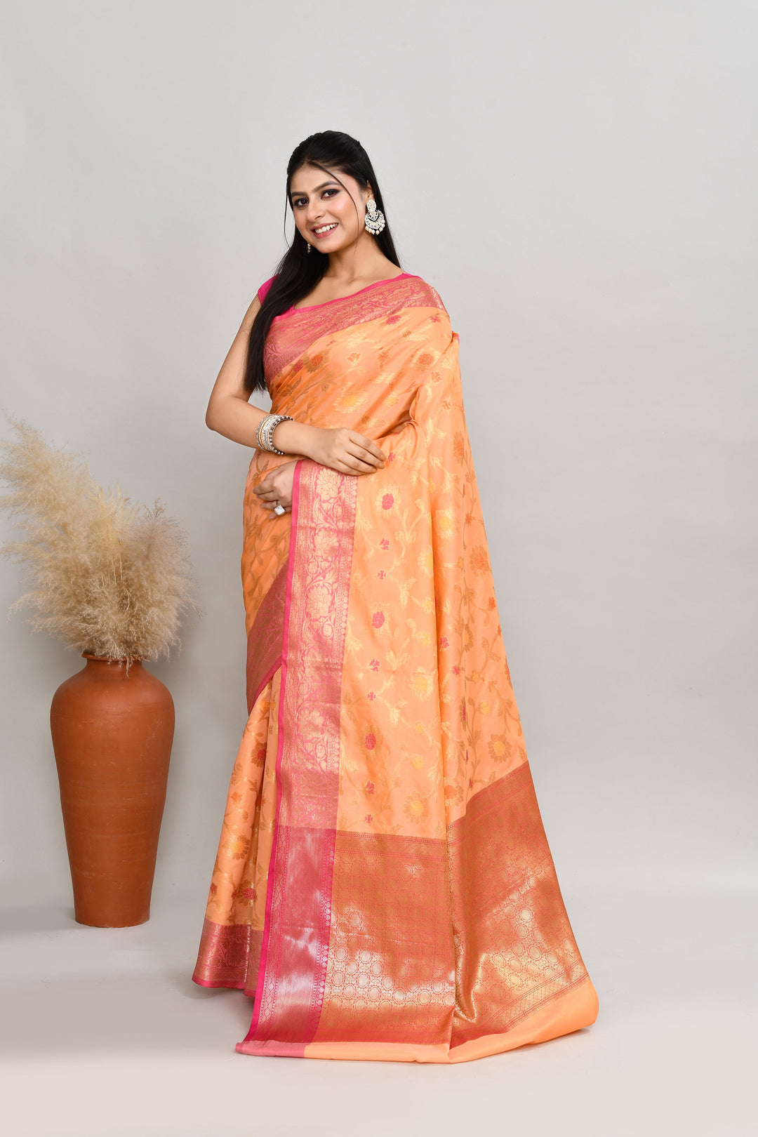 Light-Peach-Semi-Silk-Banarasi-Zari-Work-Saree