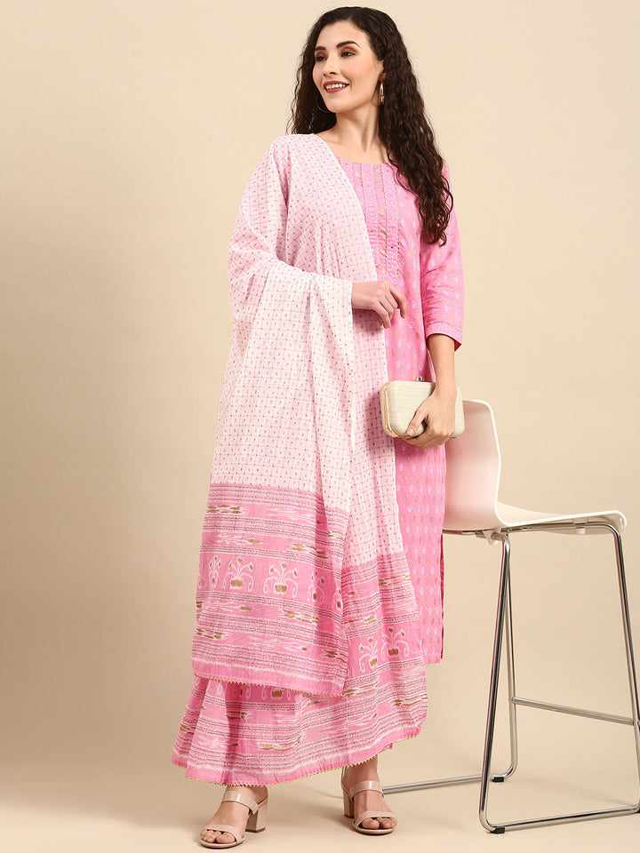 Light Pink Cotton Gold Print Kurta Set