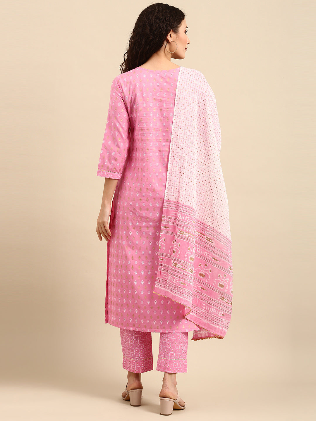 Light Pink Cotton Gold Print Kurta Set