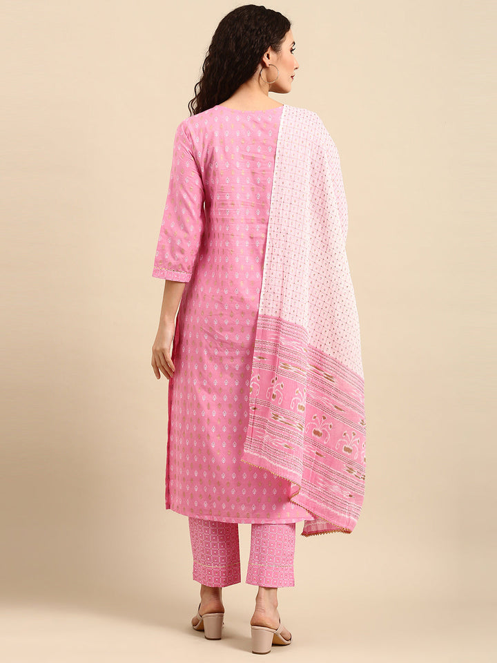 Light Pink Cotton Gold Print Kurta Set