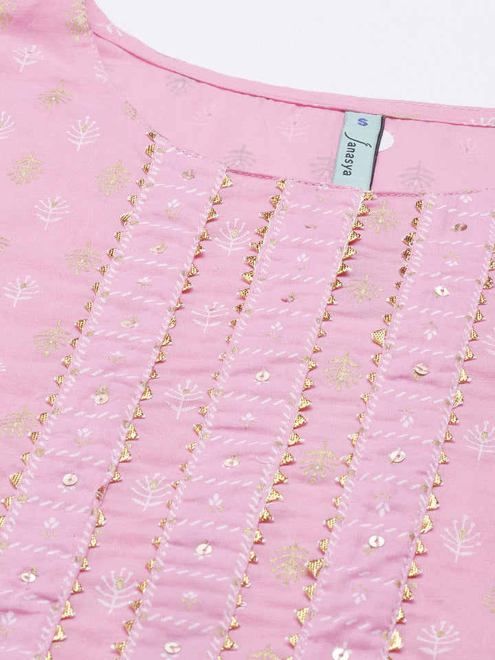 Light Pink Cotton Gold Print Kurta Set