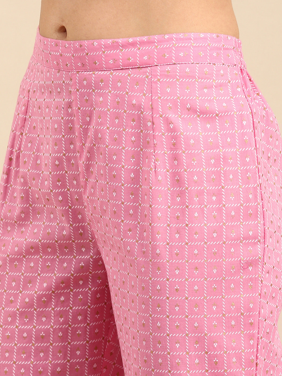 Light Pink Cotton Gold Print Kurta Set
