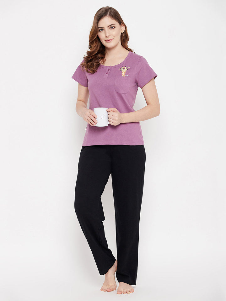Lilac-Purple-Cotton-Emoji-Print-Top-&-Solid-Pyjama-Set