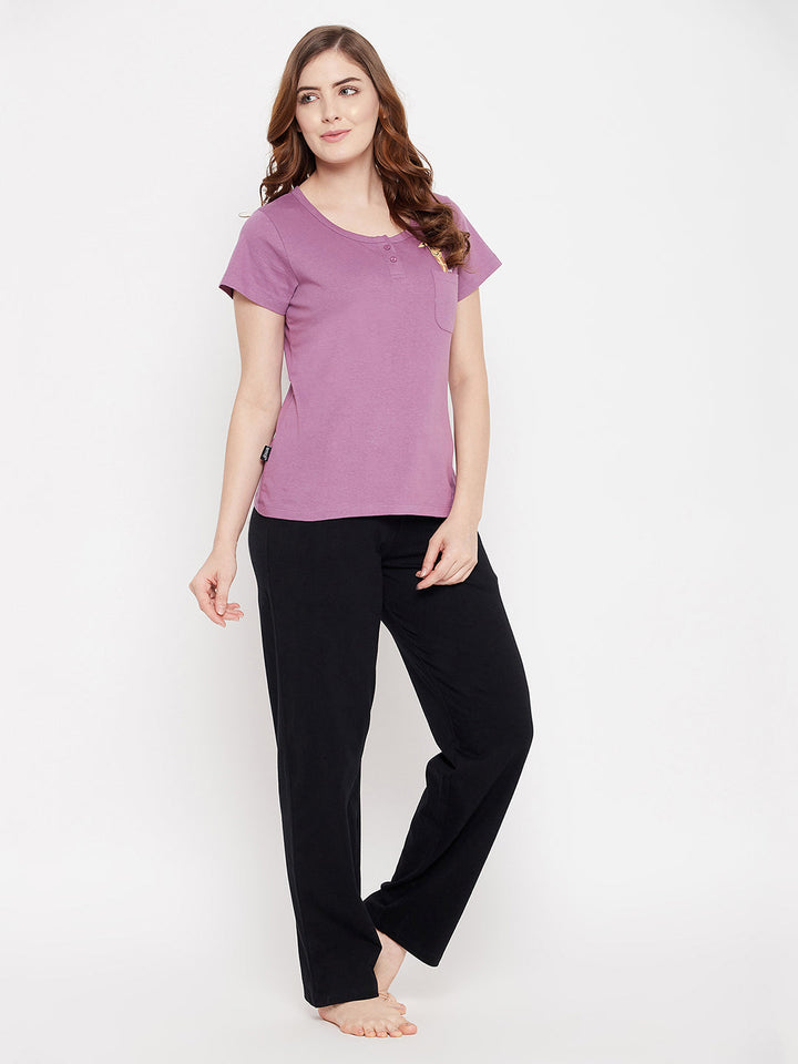 Lilac-Purple-Cotton-Emoji-Print-Top-&-Solid-Pyjama-Set