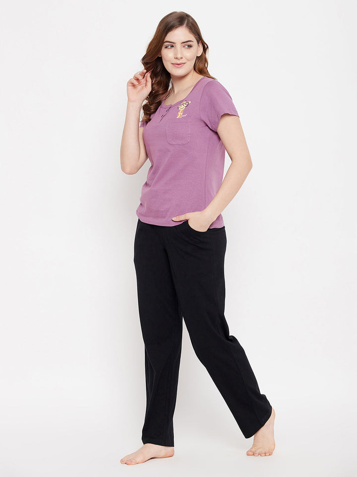 Lilac-Purple-Cotton-Emoji-Print-Top-&-Solid-Pyjama-Set