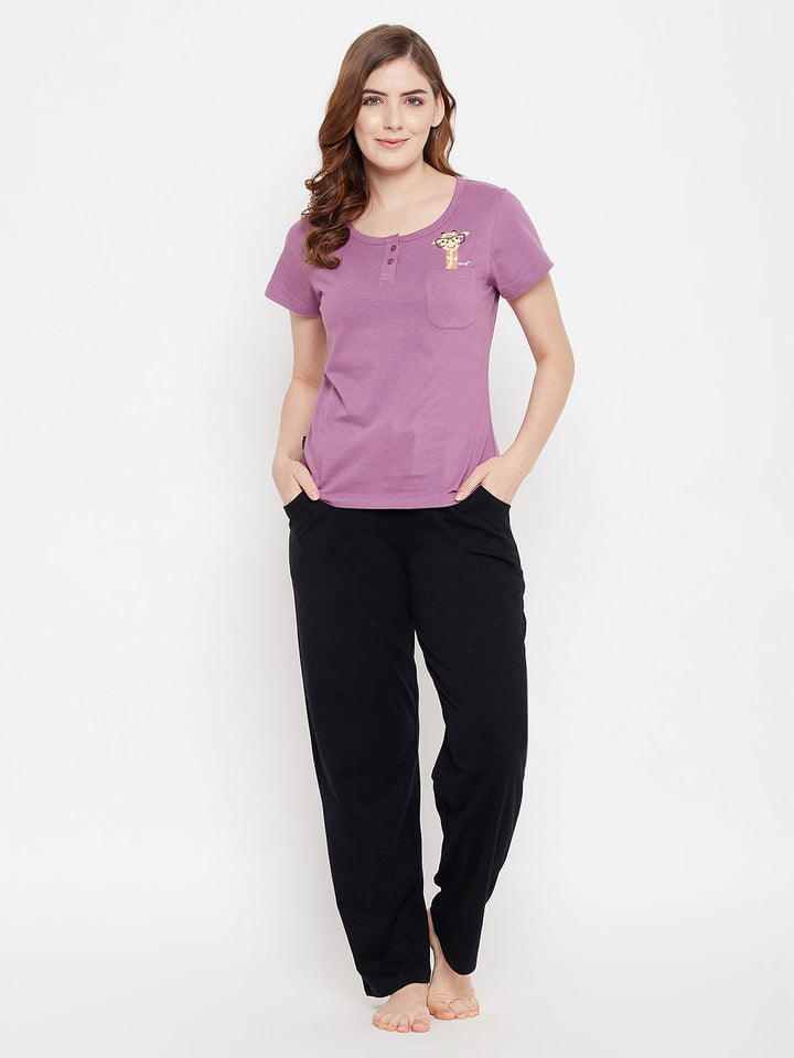 Lilac-Purple-Cotton-Emoji-Print-Top-&-Solid-Pyjama-Set