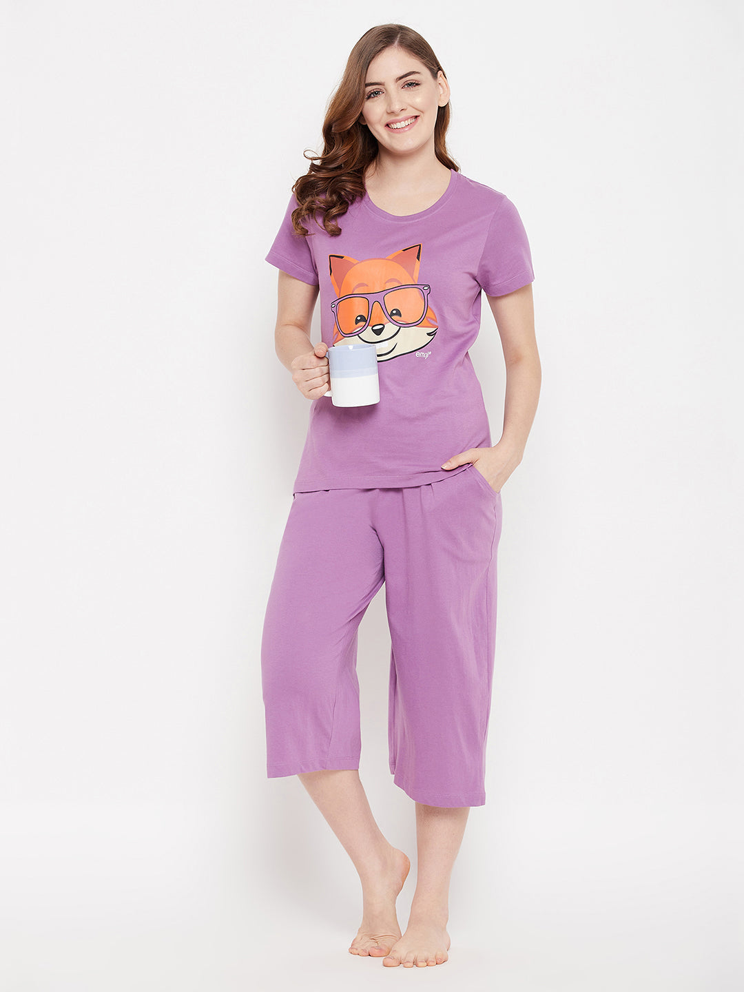 Lilac-Purple-Cotton-Fox-Emoji-Print-Top-&-Solid-Capri-Set