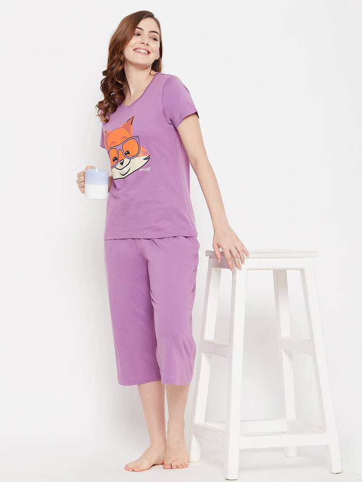 Lilac-Purple-Cotton-Fox-Emoji-Print-Top-&-Solid-Capri-Set