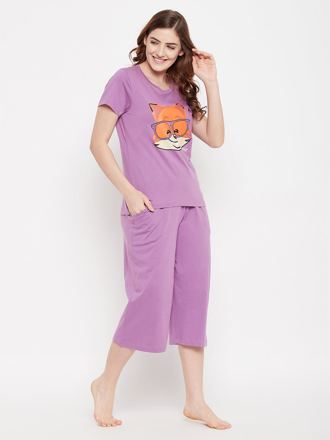 Lilac-Purple-Cotton-Fox-Emoji-Print-Top-&-Solid-Capri-Set