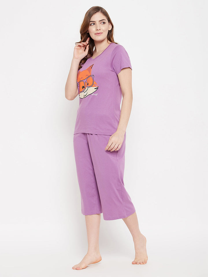 Lilac-Purple-Cotton-Fox-Emoji-Print-Top-&-Solid-Capri-Set