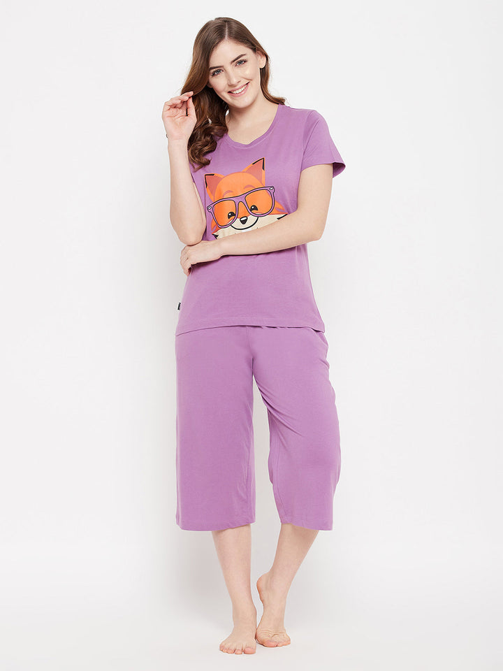 Lilac-Purple-Cotton-Fox-Emoji-Print-Top-&-Solid-Capri-Set