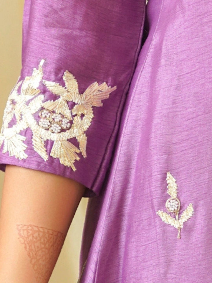 Lilac-Silk-A-Line-Kurta-with-Off-White-Pants