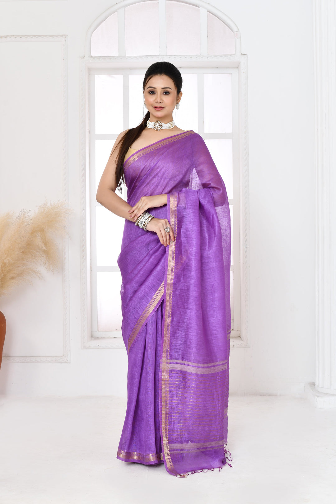 Lilac-Tussar-Linen-Handloom-Saree-With-Embroidered-Blouse