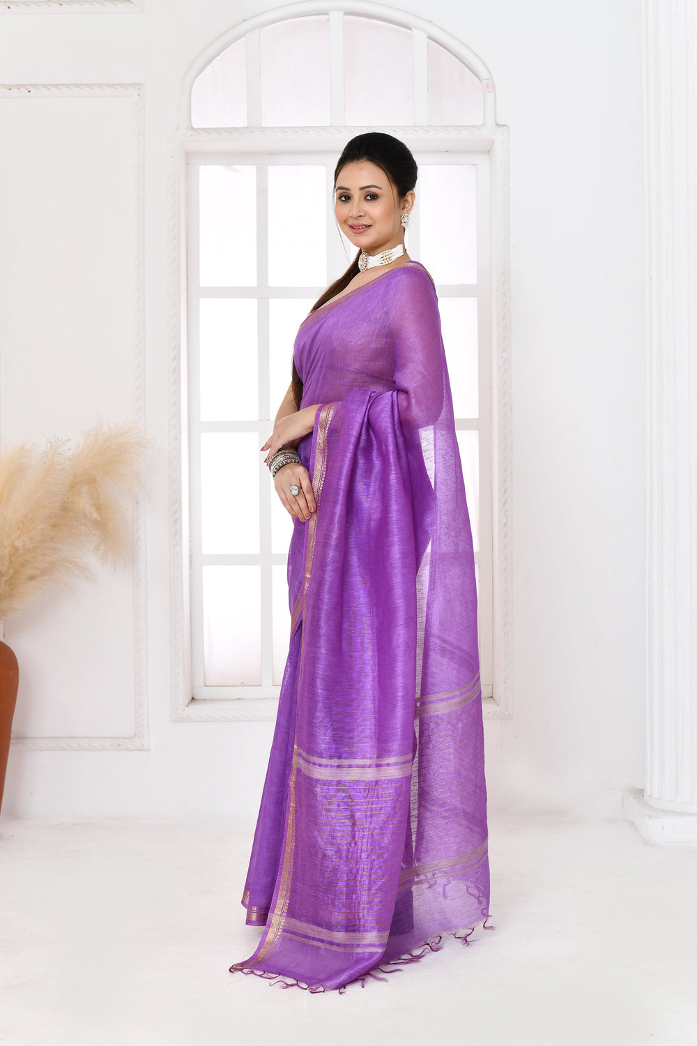 Lilac-Tussar-Linen-Handloom-Saree-With-Embroidered-Blouse