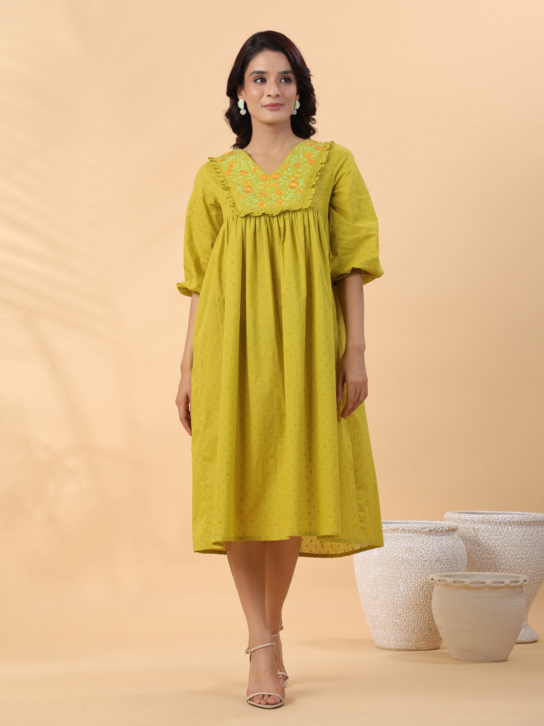 Lime-Green-Dobby-Cotton-Pleated-Dress