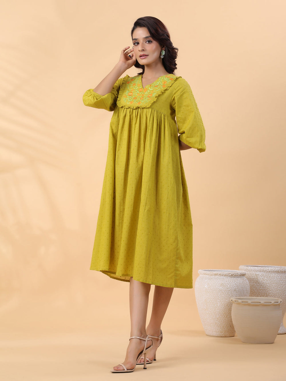 ZERESOUQ-Lime-Green-Dobby-Cotton-Pleated-Dress