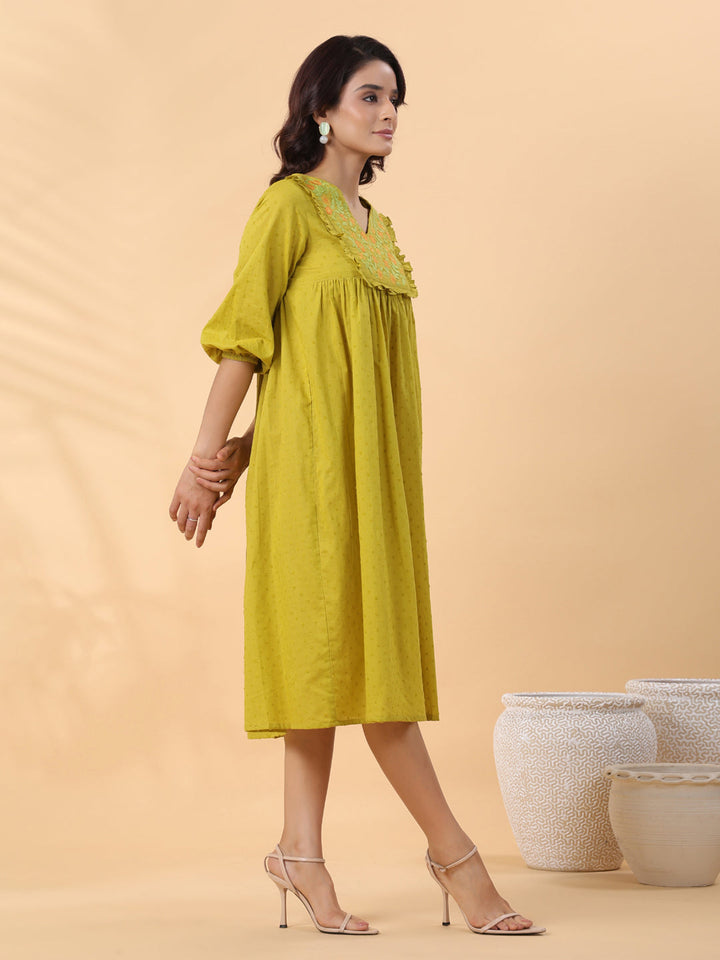 Lime-Green-Dobby-Cotton-Pleated-Dress