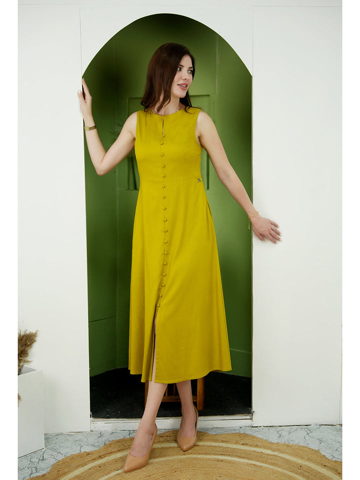 Lime-Green-Glowing-Front-Button-Dress-With-Pockets