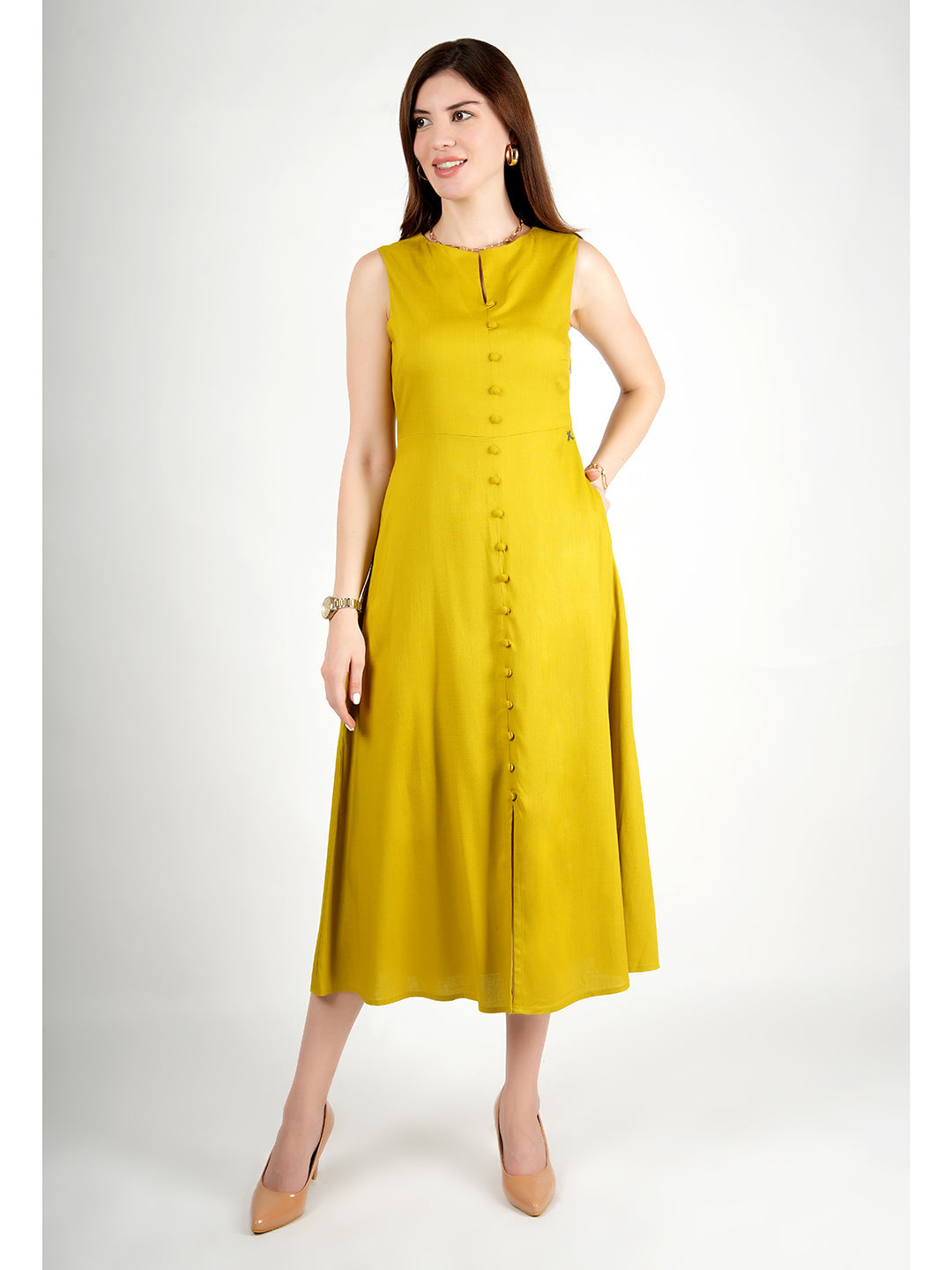 Lime-Green-Glowing-Front-Button-Dress-With-Pockets