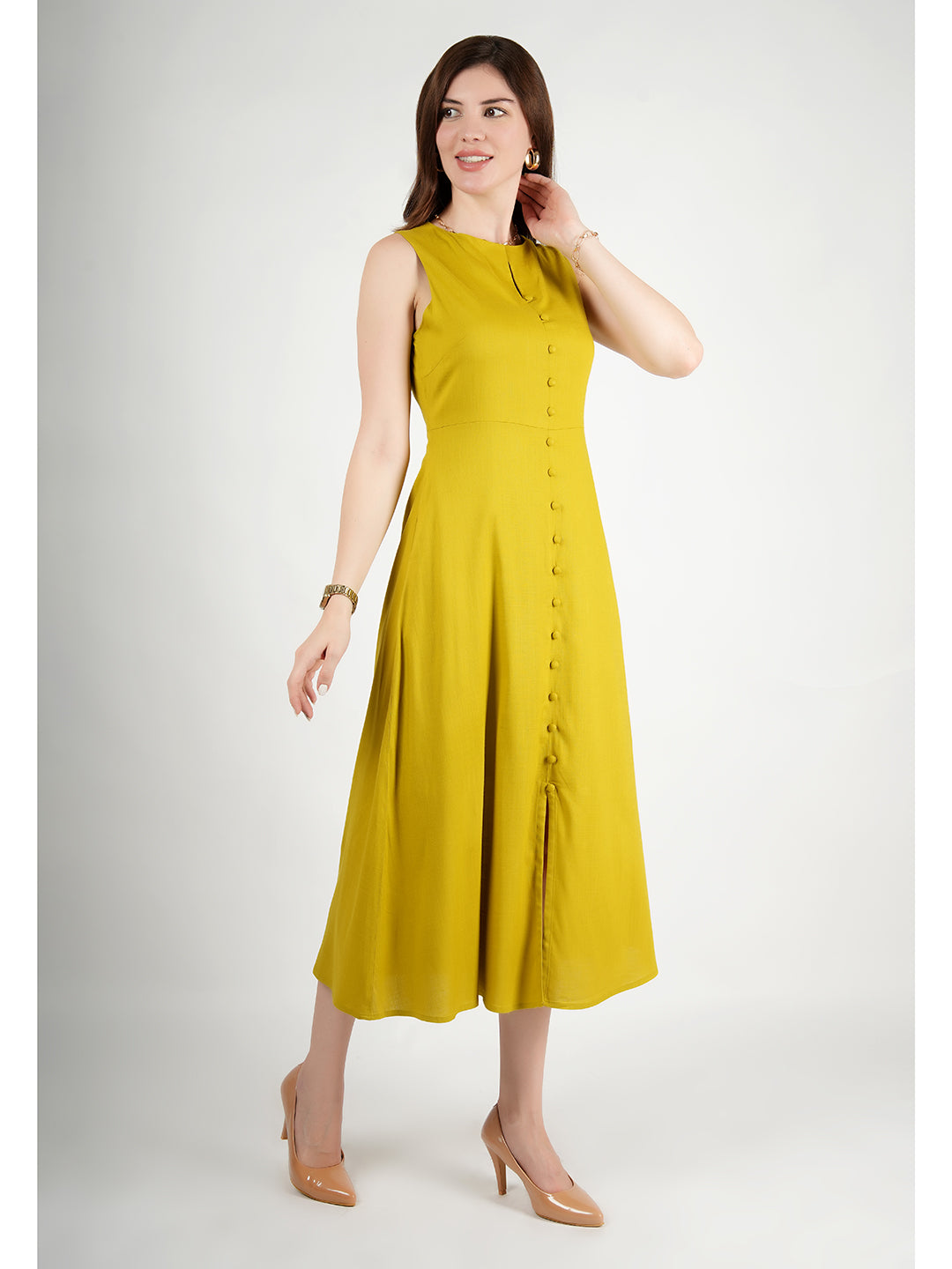 Lime-Green-Glowing-Front-Button-Dress-With-Pockets