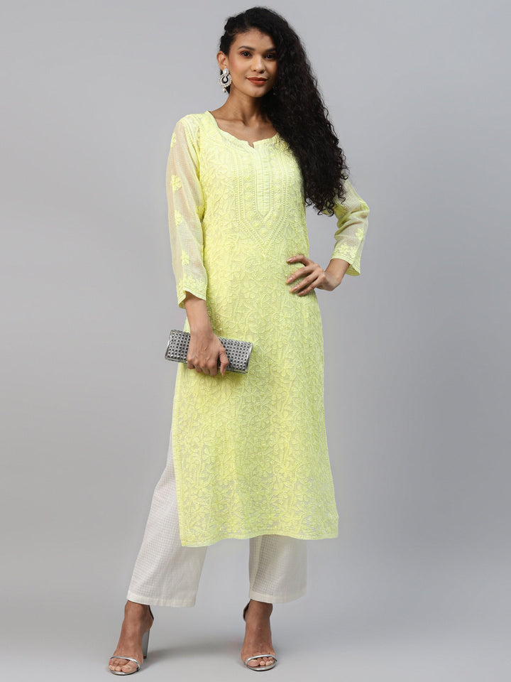 Lime-Green-Kota-Handloom-Embroidered-Chikankari-Kurta-With-Matching-Slip