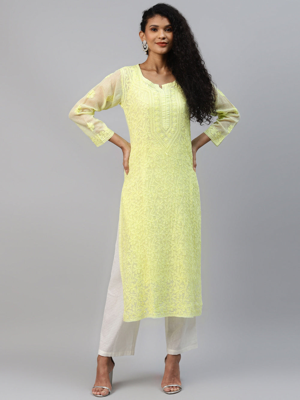 Lime-Green-Kota-Handloom-Embroidered-Chikankari-Kurta-With-Matching-Slip