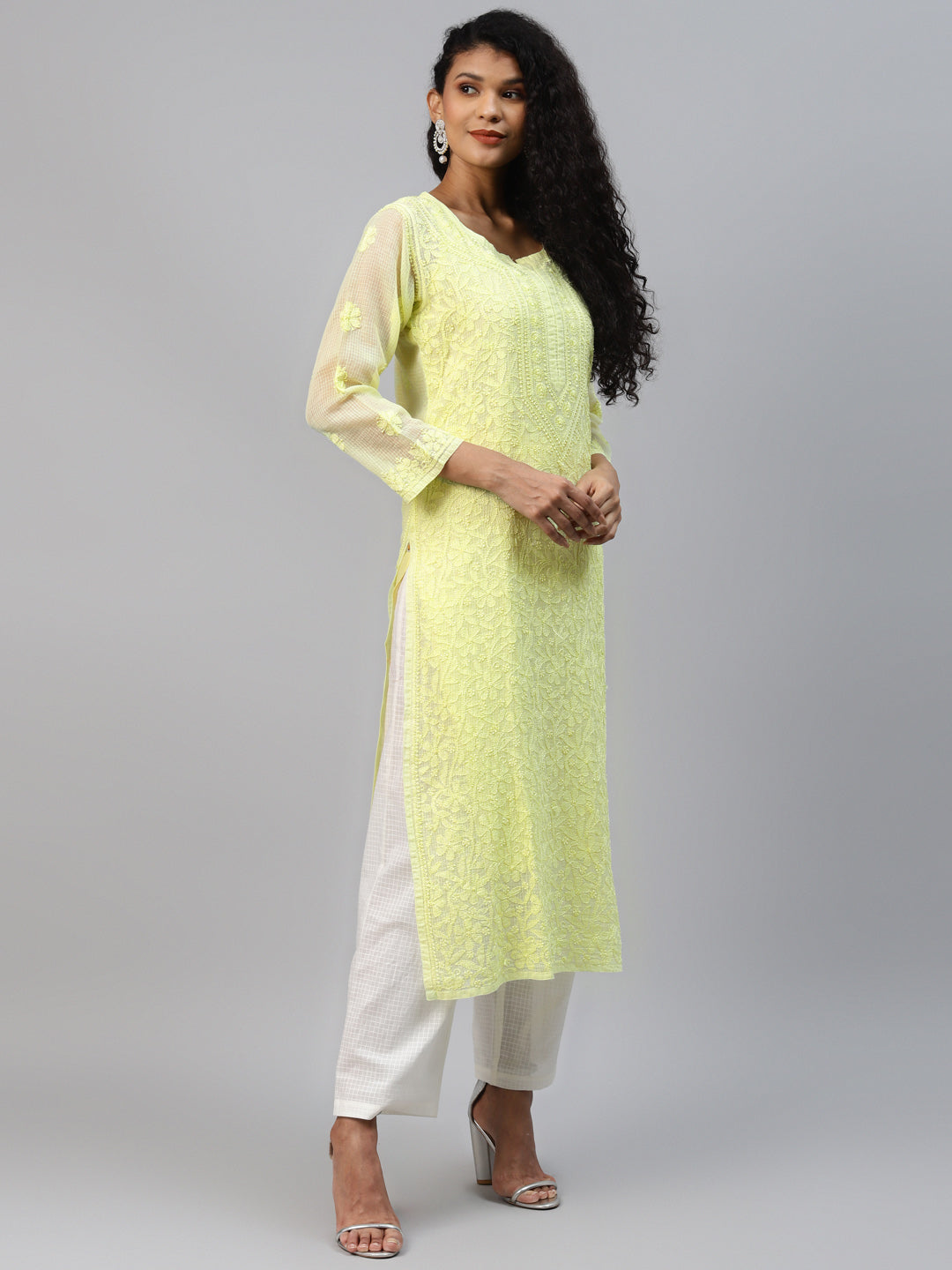 Lime-Green-Kota-Handloom-Embroidered-Chikankari-Kurta-With-Matching-Slip