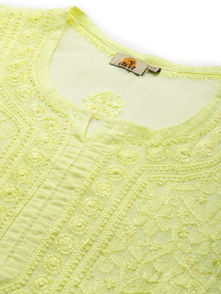 Lime-Green-Kota-Handloom-Embroidered-Chikankari-Kurta-With-Matching-Slip