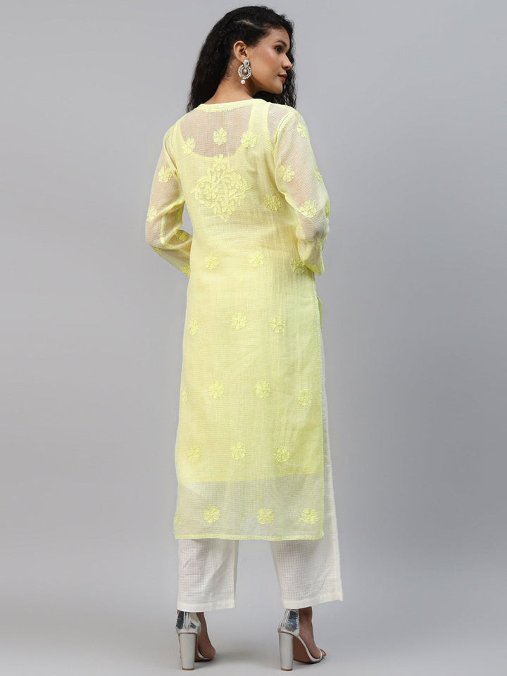 Lime-Green-Kota-Handloom-Embroidered-Chikankari-Kurta-With-Matching-Slip