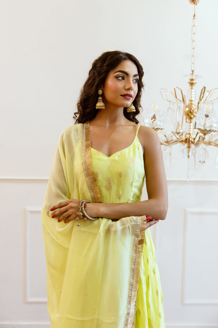 Lime-Green-Muslin-Silk-Strappy-Gathered-Anarkali-Set