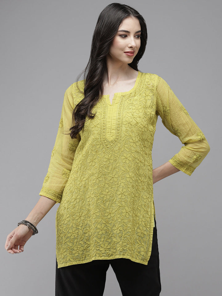 Lime Green Original Kota Chikankari Tunic With Slip