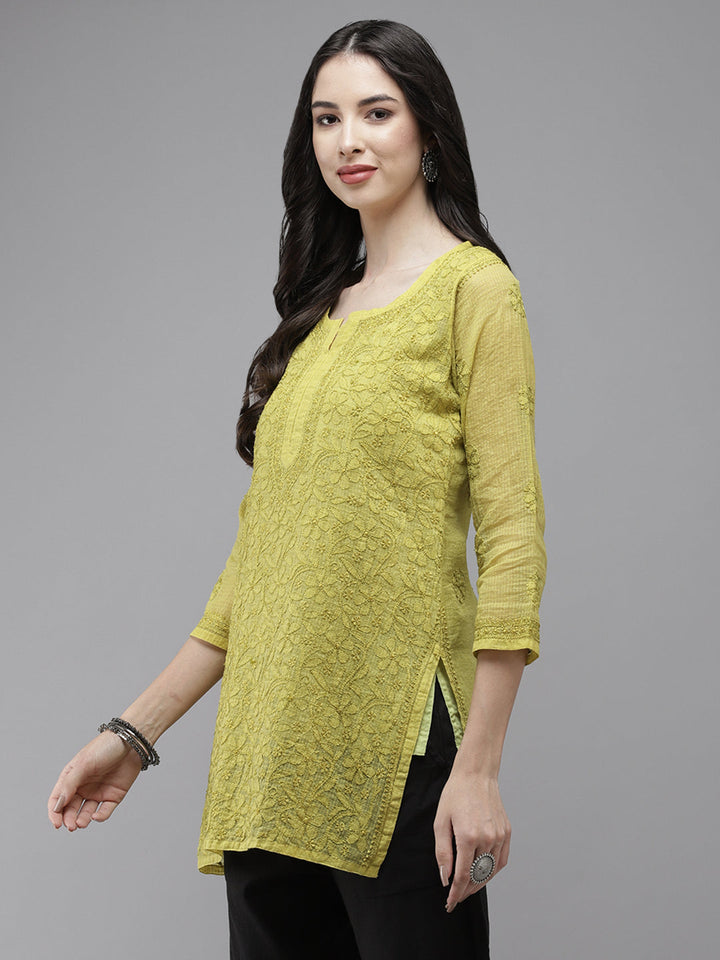 Lime Green Original Kota Chikankari Tunic With Slip