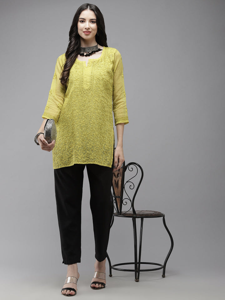 Lime Green Original Kota Chikankari Tunic With Slip