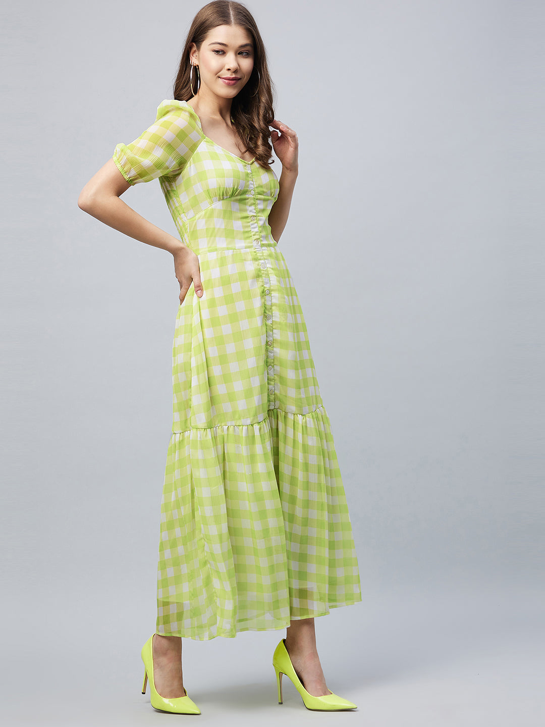 Lime Green Poly-Georgette Checkered Maxi Dress