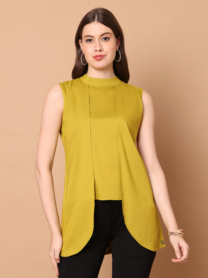 Lime-Green-Rayon-Layered-Looks-High-Neck-Layered-Top