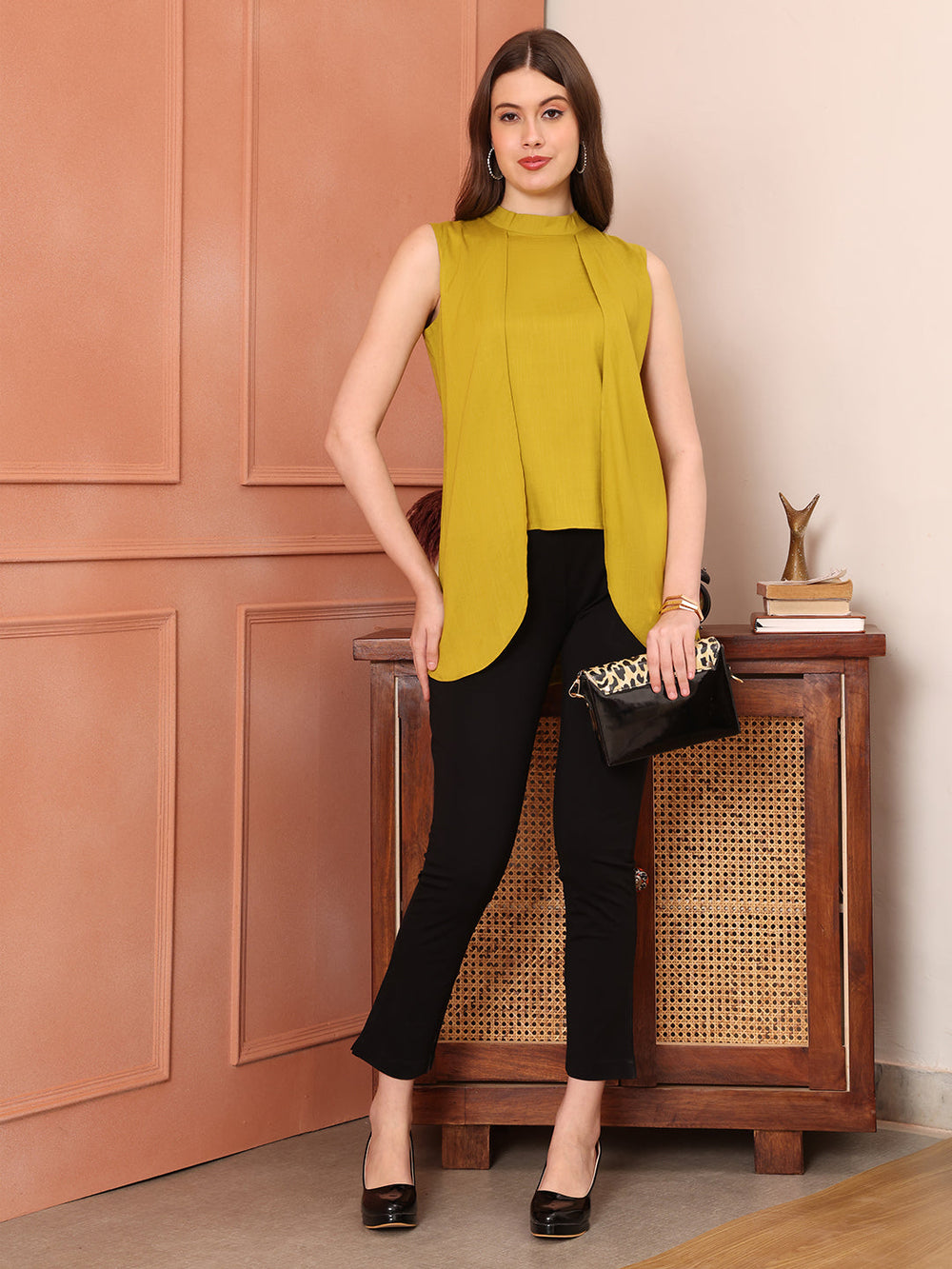 Lime-Green-Rayon-Layered-Looks-High-Neck-Layered-Top