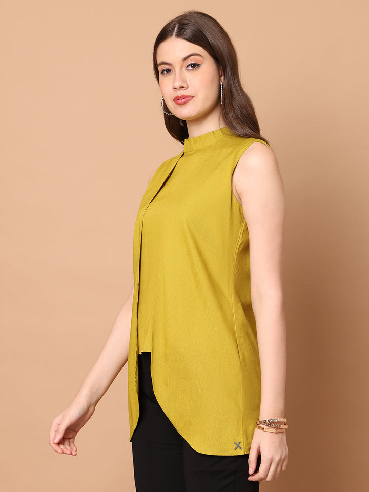 Lime-Green-Rayon-Layered-Looks-High-Neck-Layered-Top