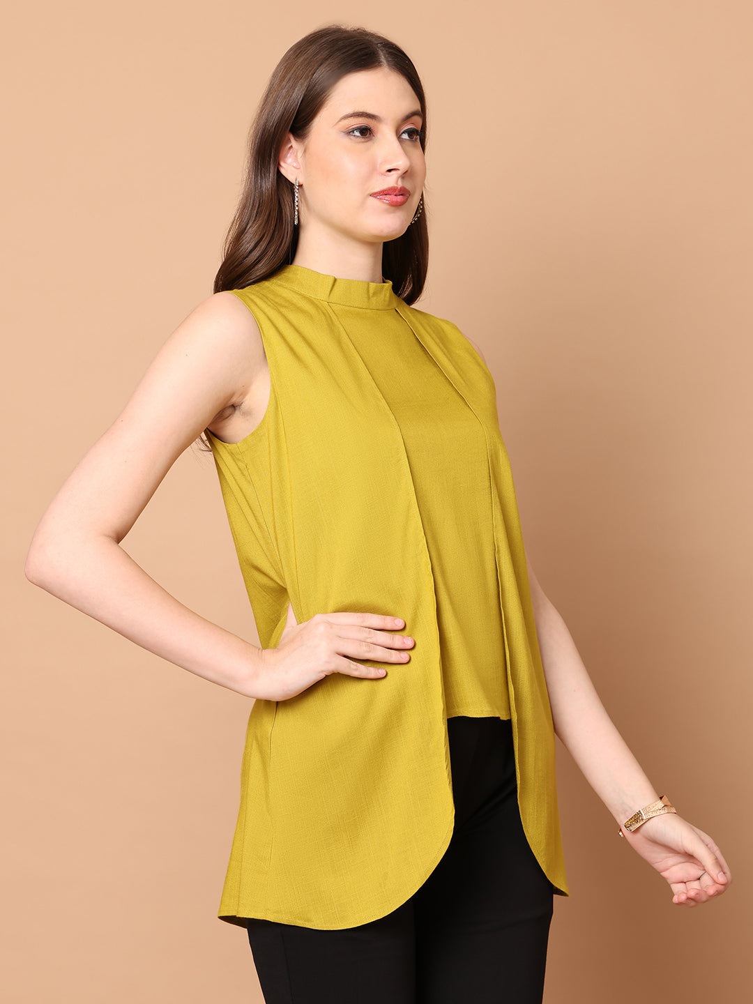 Lime-Green-Rayon-Layered-Looks-High-Neck-Layered-Top